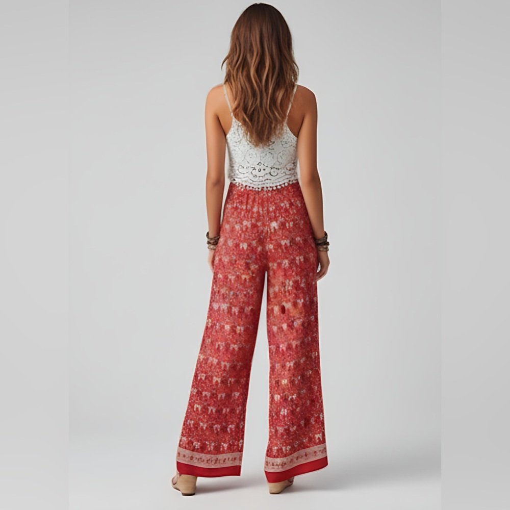 Red Boho Print Wide Leg Pants* - Picture 3 of 6